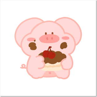 Cute pig eat a cake Posters and Art